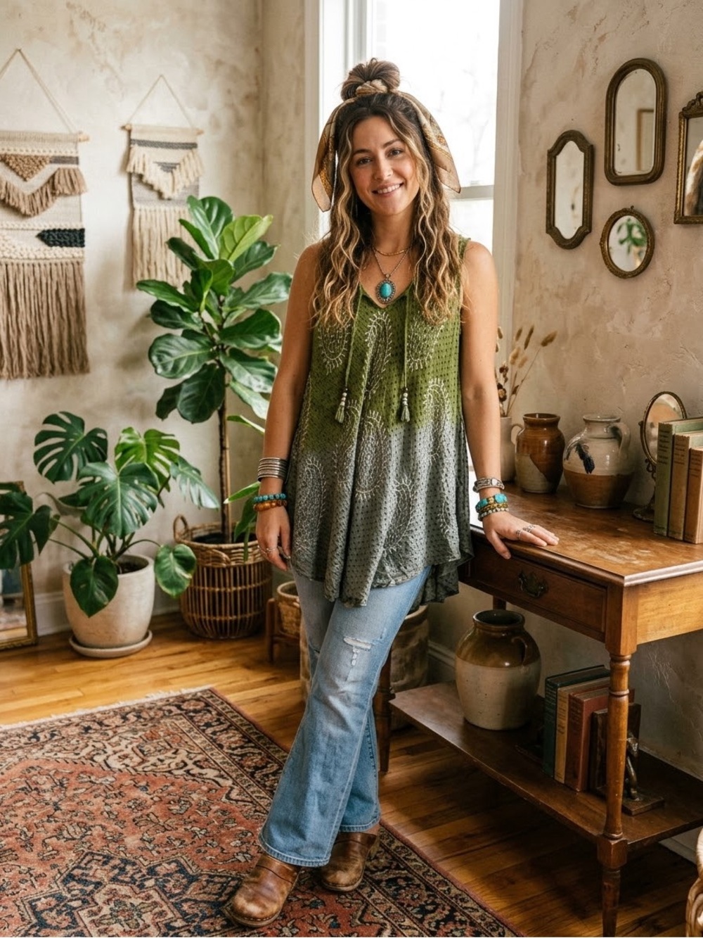Papa Vancouver Olive Green Paisley Crinkle Tunic FreeSize